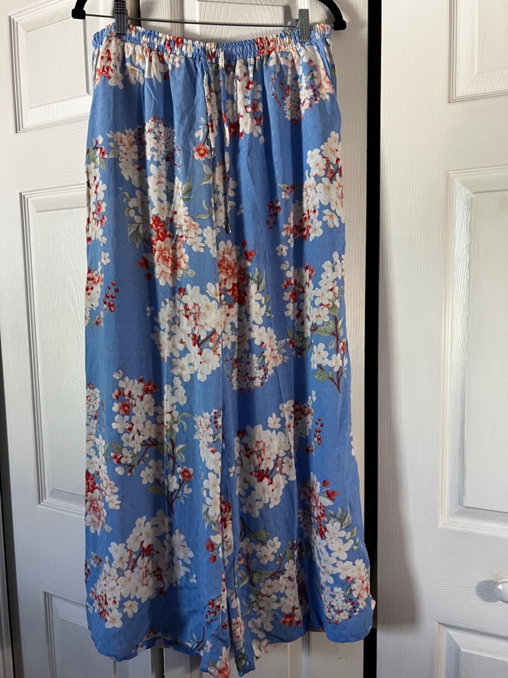 Laura Ashley Blue Floral Elastic-Waist Wide Leg Pants
